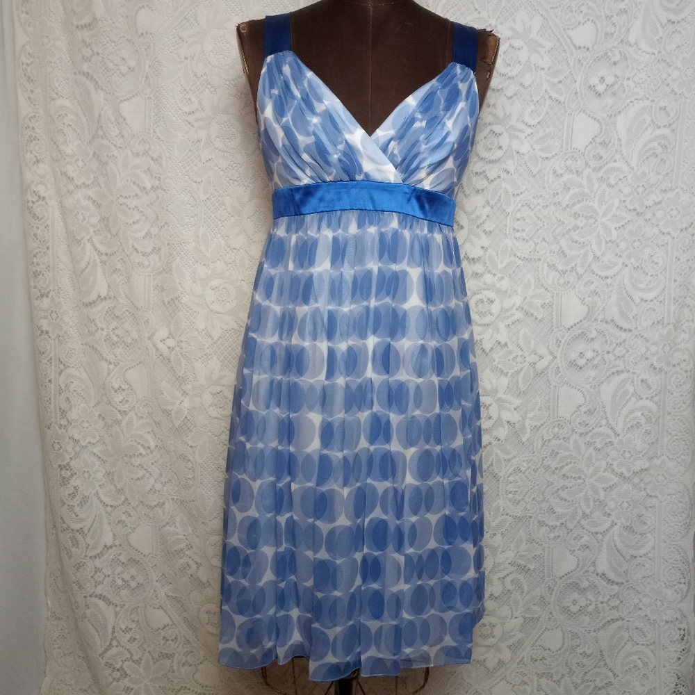 100% Silk Chiffon Midi Dress Empire Waist Blue White Polka Dot Maggy London
